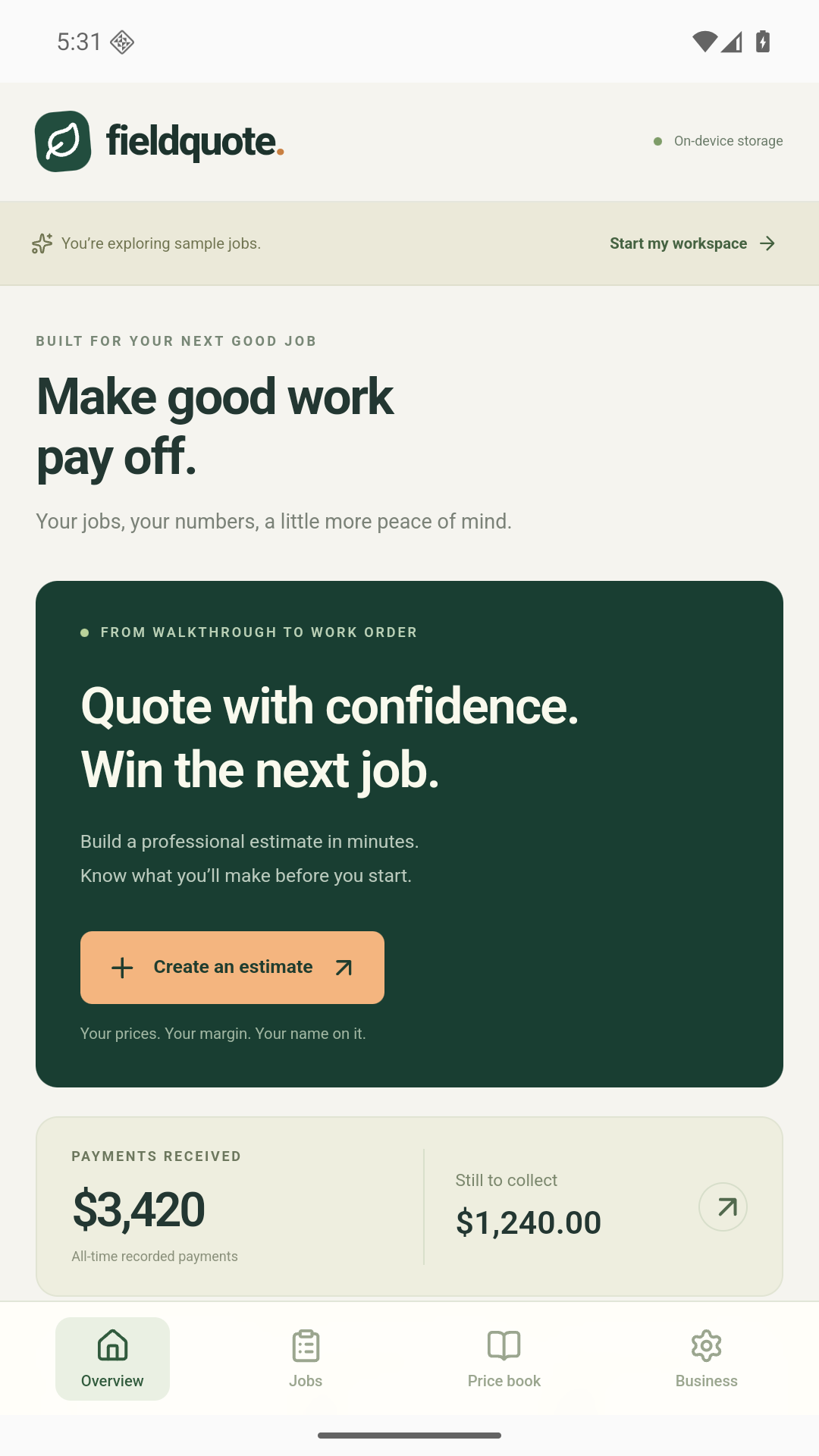 FieldQuote overview showing sample jobs, recorded payments, and outstanding invoices